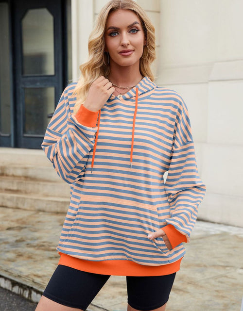 Load image into Gallery viewer, Drawstring Contrast Striped Long Sleeve Hoodie
