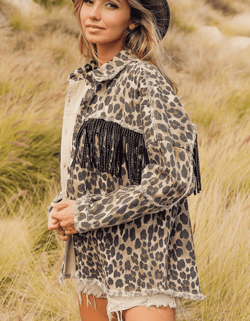Load image into Gallery viewer, Leopard Fringe Detail Collared Neck Denim Jacket

