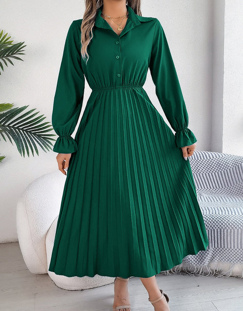 Load image into Gallery viewer, Pleated Half Button Long Sleeve Midi Dress
