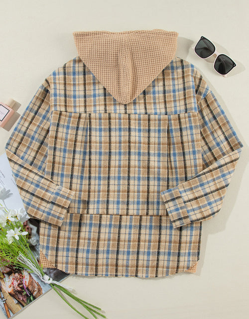 Load image into Gallery viewer, Drawstring Waffle Knit Patchwork Hooded Plaid Shacket
