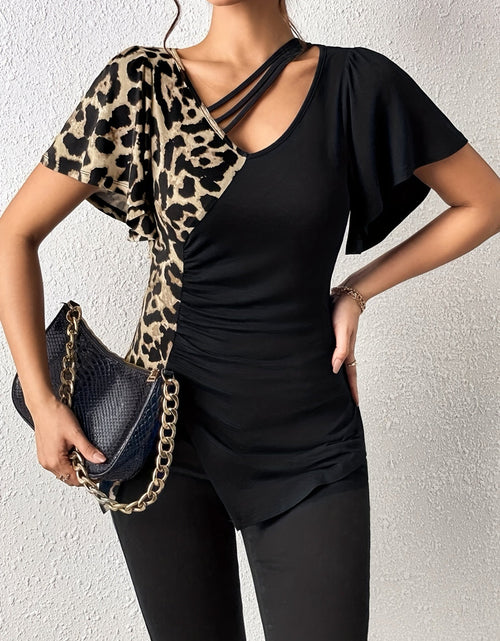 Load image into Gallery viewer, Ruched Leopard Flutter Sleeve T-Shirt
