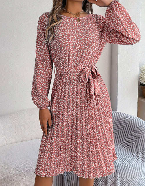 Load image into Gallery viewer, Ditsy Floral Tie Waist Pleated Dress
