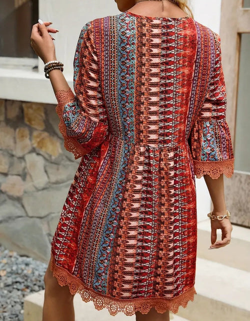 Load image into Gallery viewer, Lace Trim Printed V-Neck 3/4 Sleeve Dress
