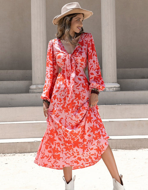 Load image into Gallery viewer, Tied Cutout Printed Long Sleeve Midi Dress
