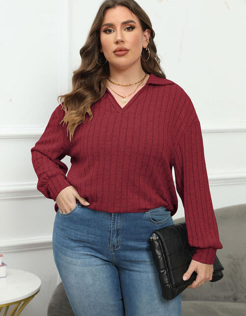 Load image into Gallery viewer, Plus Size Ribbed Collared Neck Long Sleeve Blouse
