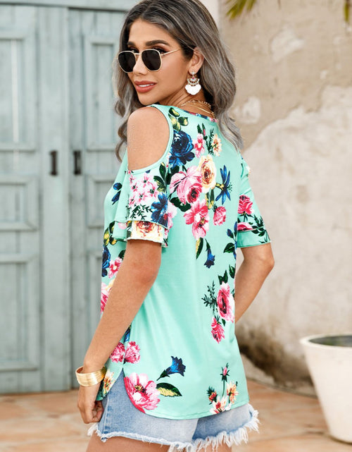 Load image into Gallery viewer, Shiny Floral Cold-Shoulder Short Sleeve Top
