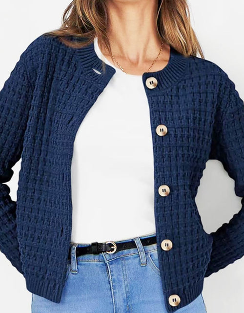Load image into Gallery viewer, Button Up Round Neck Long Sleeve Cardigan
