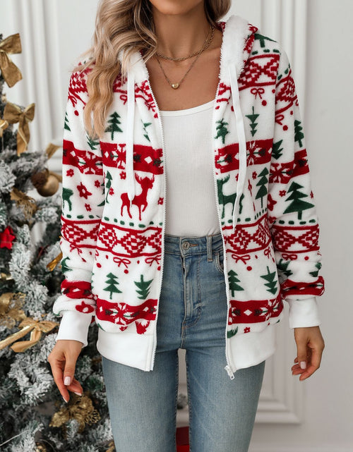 Load image into Gallery viewer, Drawstring Christmas Element Zip Up Hooded Jacket
