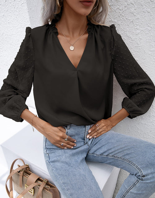Load image into Gallery viewer, Ivy Lane Swiss Dot Frill Trim Puff Sleeve Blouse
