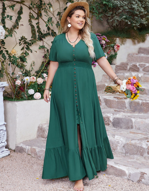 Load image into Gallery viewer, Plus Size Button Detail V-Neck Short Sleeve Maxi Dress
