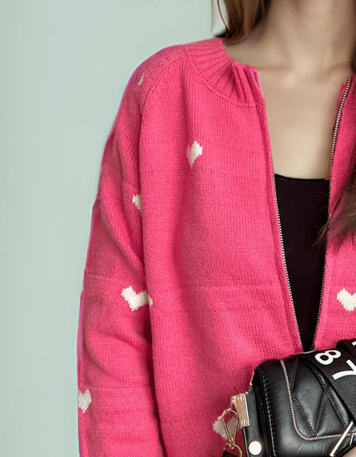 Load image into Gallery viewer, Heart Round Neck Zip Up Cardigan
