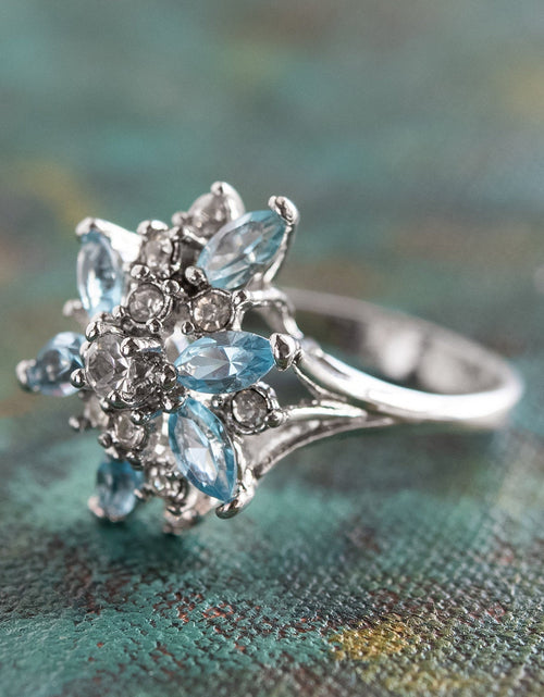 Load image into Gallery viewer, Vintage Ring Aquamarine and Clear Swarovski Crystals 18k White Gold Unique Cluster Antique Womans #R1863-AQW Size: 4 by PVD Vintage Jewelry
