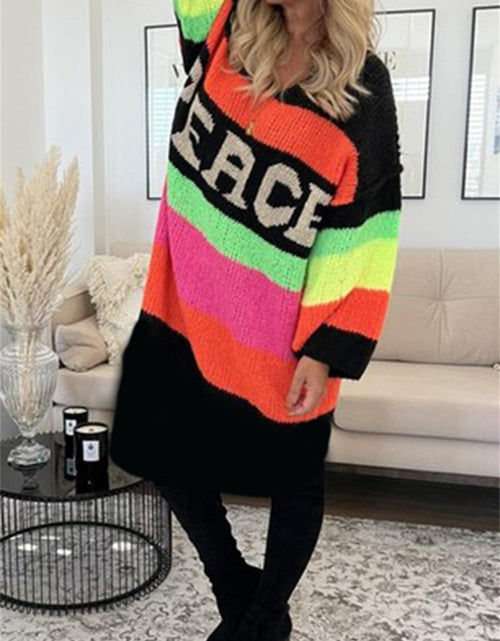 Load image into Gallery viewer, Color Block V-Neck Long Sleeve Sweater Dress
