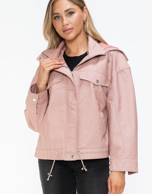 Load image into Gallery viewer, How Dare U Drawstring Hem PU Leather Zip Up Jacket

