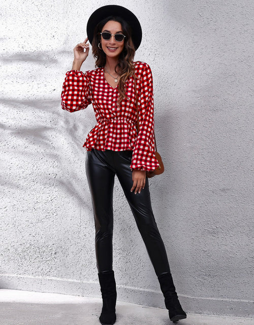 Load image into Gallery viewer, Plaid V-Neck Balloon Sleeve Peplum Blouse
