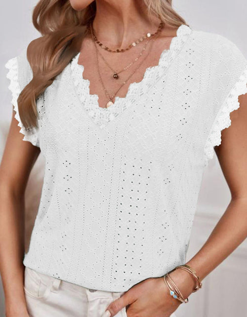 Load image into Gallery viewer, Shiny V-Neck Eyelet Short Sleeve Top
