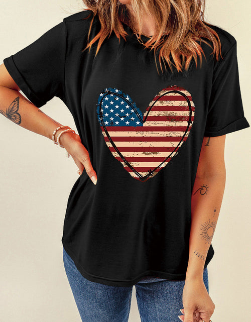 Load image into Gallery viewer, Stars and Stripes Heart Round Neck Short Sleeve T-Shirt

