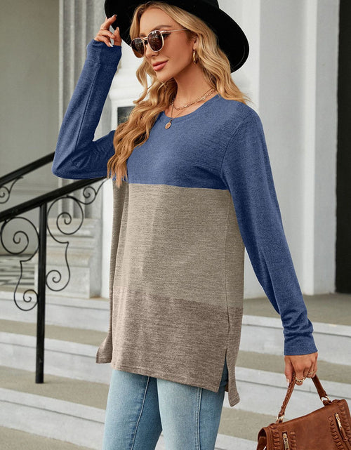 Load image into Gallery viewer, Color Block Round Neck Long Sleeve Slit T-Shirt
