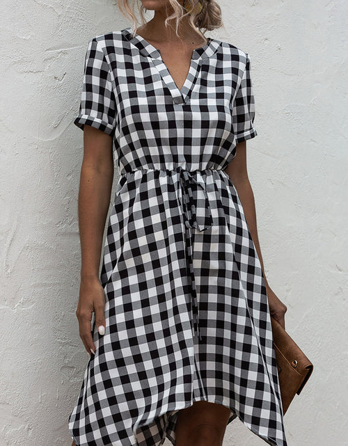 Load image into Gallery viewer, Plaid Notched Short Sleeve Dress

