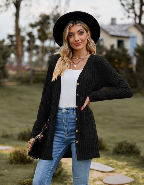 Load image into Gallery viewer, Ribbed Button-Up Cardigan with Pockets
