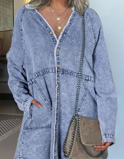 Load image into Gallery viewer, Raw Hem Button Down Long Sleeve Denim Dress
