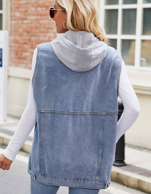 Load image into Gallery viewer, Drawstring Hooded Sleeveless Denim Jacket
