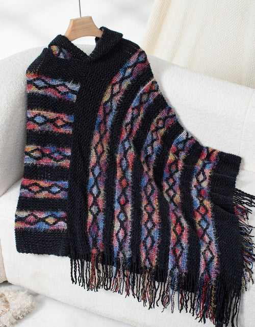 Load image into Gallery viewer, Fringe Contrast Hooded Poncho
