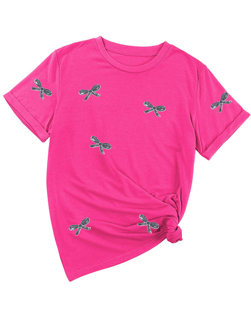 Load image into Gallery viewer, Sequin Bow Round Neck Short Sleeve T-Shirt

