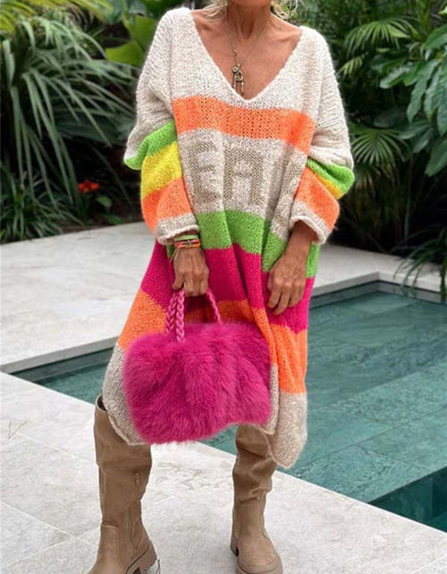 Load image into Gallery viewer, Color Block V-Neck Long Sleeve Sweater Dress
