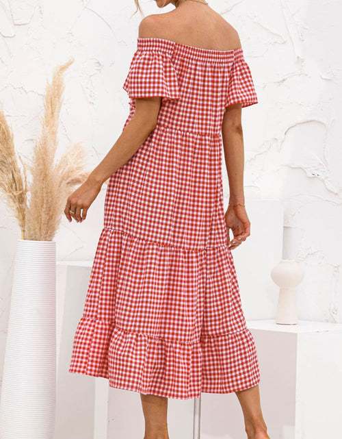 Load image into Gallery viewer, Plaid Off-Shoulder Tiered Midi Dress

