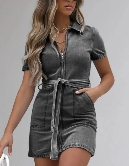 Load image into Gallery viewer, Full Size Zip Front Short Sleeve Denim Dress Plus Size
