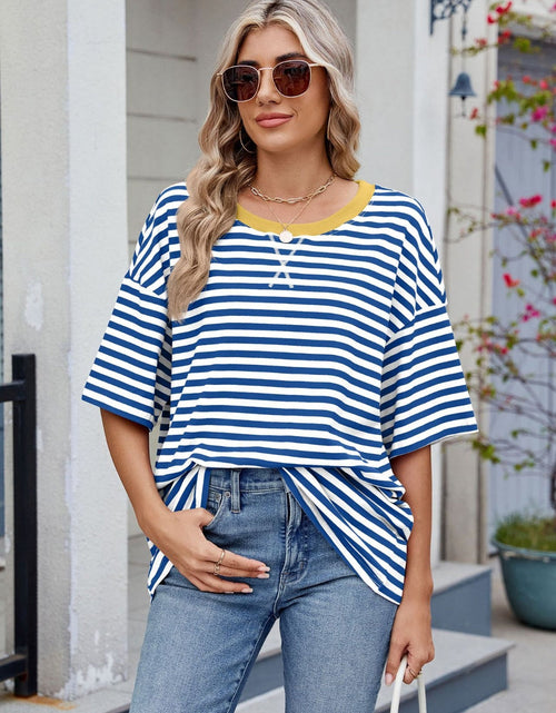 Load image into Gallery viewer, Contrast Striped Round Neck Half Sleeve T-Shirt
