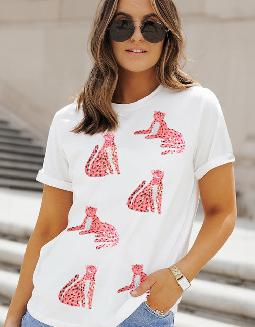 Load image into Gallery viewer, Sequin Leopard Round Neck Short Sleeve T-Shirt
