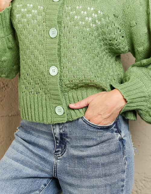 Load image into Gallery viewer, Woven Right Openwork Pompom Puff Sleeve Cardigan
