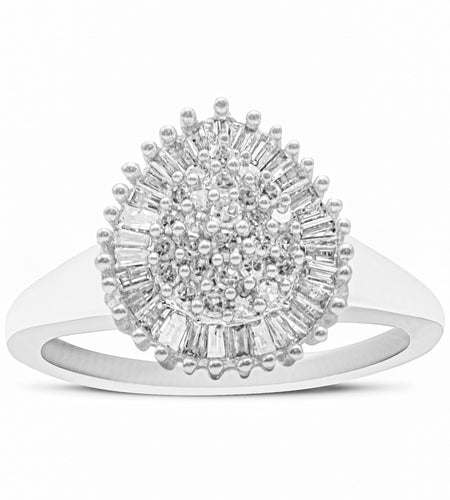 10K White Gold 1/2 Cttw Round & Baguette Cut Diamond Pear Shaped Domed Pavé Cluster with Halo Cocktail Ring (H-I Color, SI1-SI2 Clarity) by Haus of Brilliance