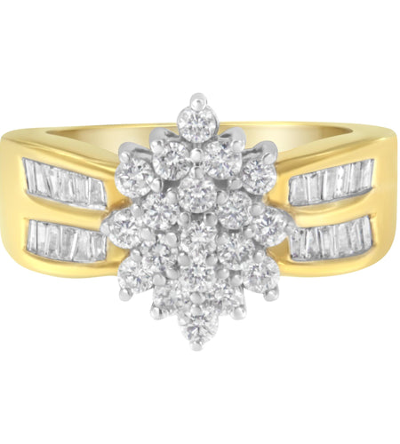 10K Yellow Gold 1.0 Cttw Round & Baguette Cut Diamond Floral Cluster Double-Channel Flared Band Statement Ring (H-I Color, SI2-I1 Clarity) by Haus of Brilliance