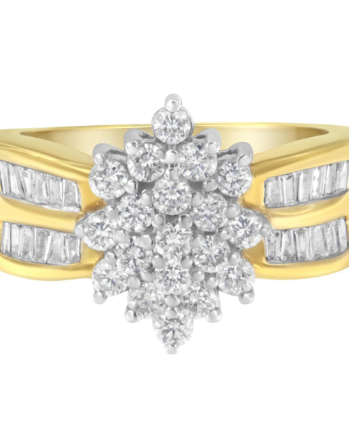 Load image into Gallery viewer, 10K Yellow Gold 1.0 Cttw Round &amp; Baguette Cut Diamond Floral Cluster Double-Channel Flared Band Statement Ring (H-I Color, SI2-I1 Clarity) by Haus of Brilliance
