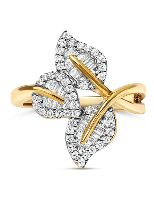 Load image into Gallery viewer, 18K Yellow Gold Plated .925 Sterling Silver 1/2 Cttw Baguette and Round Diamond Bypass Triple Leaf Ring (I-J Color, I1-I2 Clarity) by Haus of Brilliance
