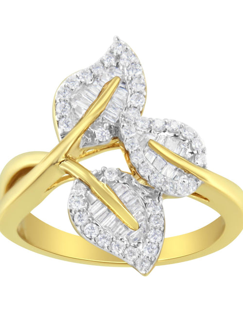 Load image into Gallery viewer, 18K Yellow and White Gold Plated .925 Sterling Silver 3/8 Cttw Baguette and Round Diamond Bypass Triple Leaf Ring (I-J Color, I1-I2 Clarity) by Haus of Brilliance
