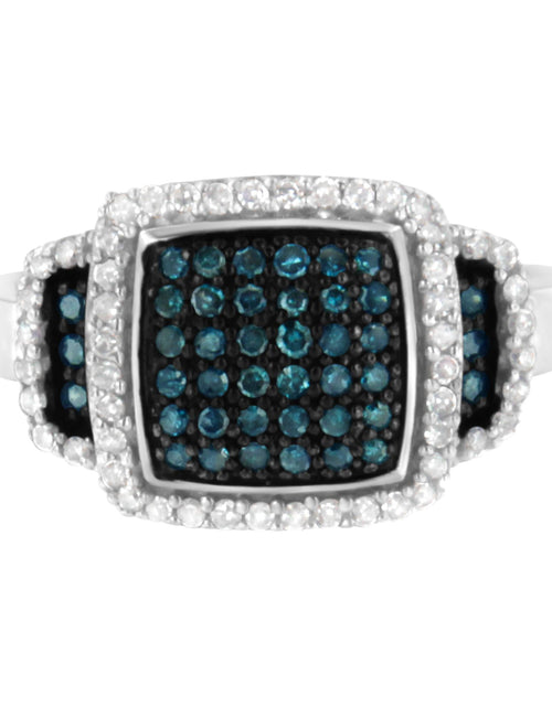 Load image into Gallery viewer, Black Rhodium Plated .925 Sterling Silver 1/2 Cttw White &amp; Blue Diamond Square Halo Cocktail Ring (Fancy Blue &amp; H-I Color, I2-I3 Clarity) by Haus of Brilliance
