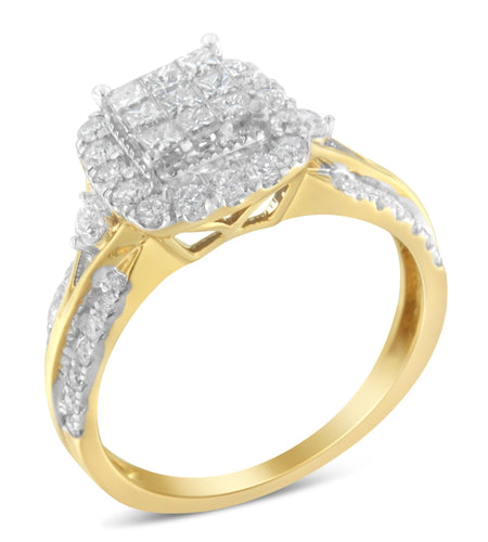 10K Yellow Gold 1.0 Cttw Diamond Composite Cushion-Shape Halo 3-Band-Look Engagement Ring (H-I Color, SI1-SI2 Clarity) by Haus of Brilliance