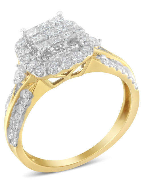 Load image into Gallery viewer, 10K Yellow Gold 1.0 Cttw Diamond Composite Cushion-Shape Halo 3-Band-Look Engagement Ring (H-I Color, SI1-SI2 Clarity) by Infinite Jewels
