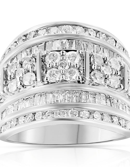 Load image into Gallery viewer, .925 Sterling Silver 2.0 Cttw Round &amp; Baguette Cut Diamond Multi-Row Channel Set Tapered Cocktail Fashion Ring (I-J Color, I3 Clarity) by Haus of Brilliance
