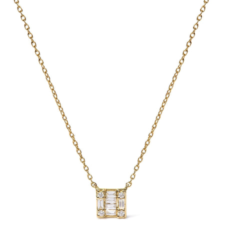 10K Yellow Gold 1/10 Cttw Round and Baguette Diamond Mosaic Composite Square 18" Inch Pendant Necklace (H-I Color, I1-I2 Clarity) by Infinite Jewels