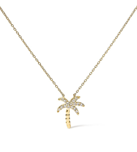 10K Yellow Gold 1/10 Cttw Round Diamond Palm Tree 18" Inch Pendant Necklace (H-I Color, I1-I2 Clarity) by Infinite Jewels