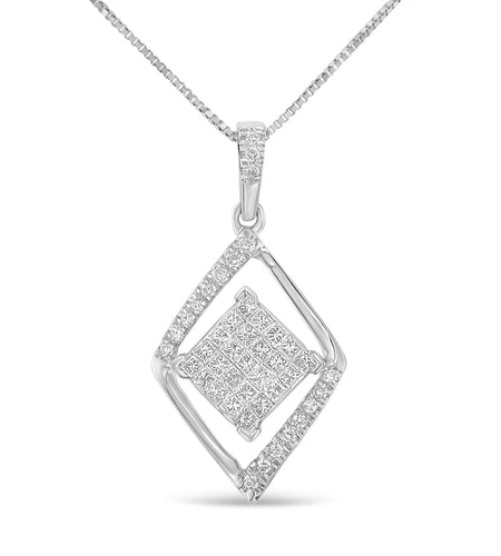 10k White Gold 1/3 Cttw Round and Princess-Cut Diamond Double Triangle 18" Pendant Necklace (H-I Color, SI1-SI2 Clarity) by Haus of Brilliance