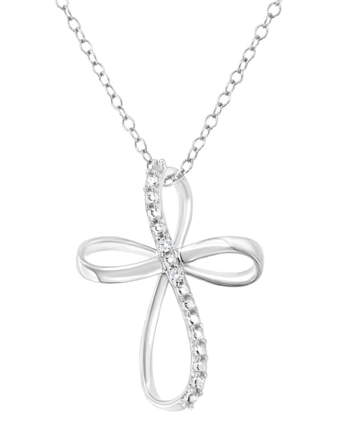 Load image into Gallery viewer, .925 Sterling Silver Diamond Accent Cross Ribbon 18" Pendant Necklace (I-J Color, I2-I3 Clarity) by Haus of Brilliance
