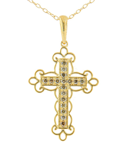 10K Yellow Flashed .925 Sterling Silver 1/4 Cttw Champagne Diamond Filigree Cross Pendant Necklace (K-L Color, I1-I2 Clarity) - 18" by Infinite Jewels