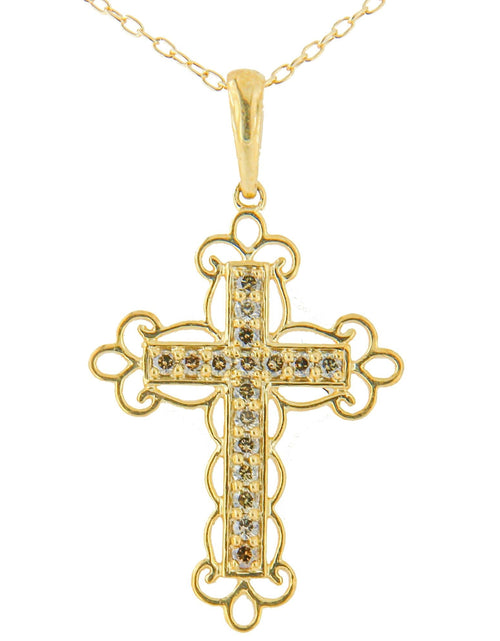 Load image into Gallery viewer, 10K Yellow Flashed .925 Sterling Silver 1/4 Cttw Champagne Diamond Filigree Cross Pendant Necklace (K-L Color, I1-I2 Clarity) - 18" by Infinite Jewels
