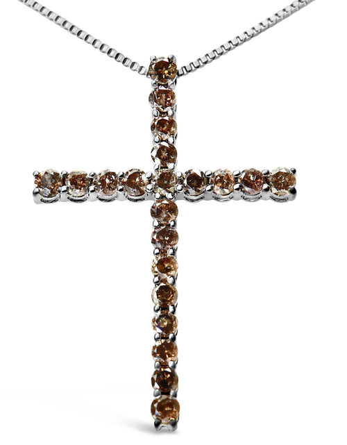Load image into Gallery viewer, .925 Sterling Silver 1.0 Cttw Champagne Diamond Gold Cross Pendant Necklace for Women (Champagne Color, I1-I2 Clarity)- 18 inch by Infinite Jewels
